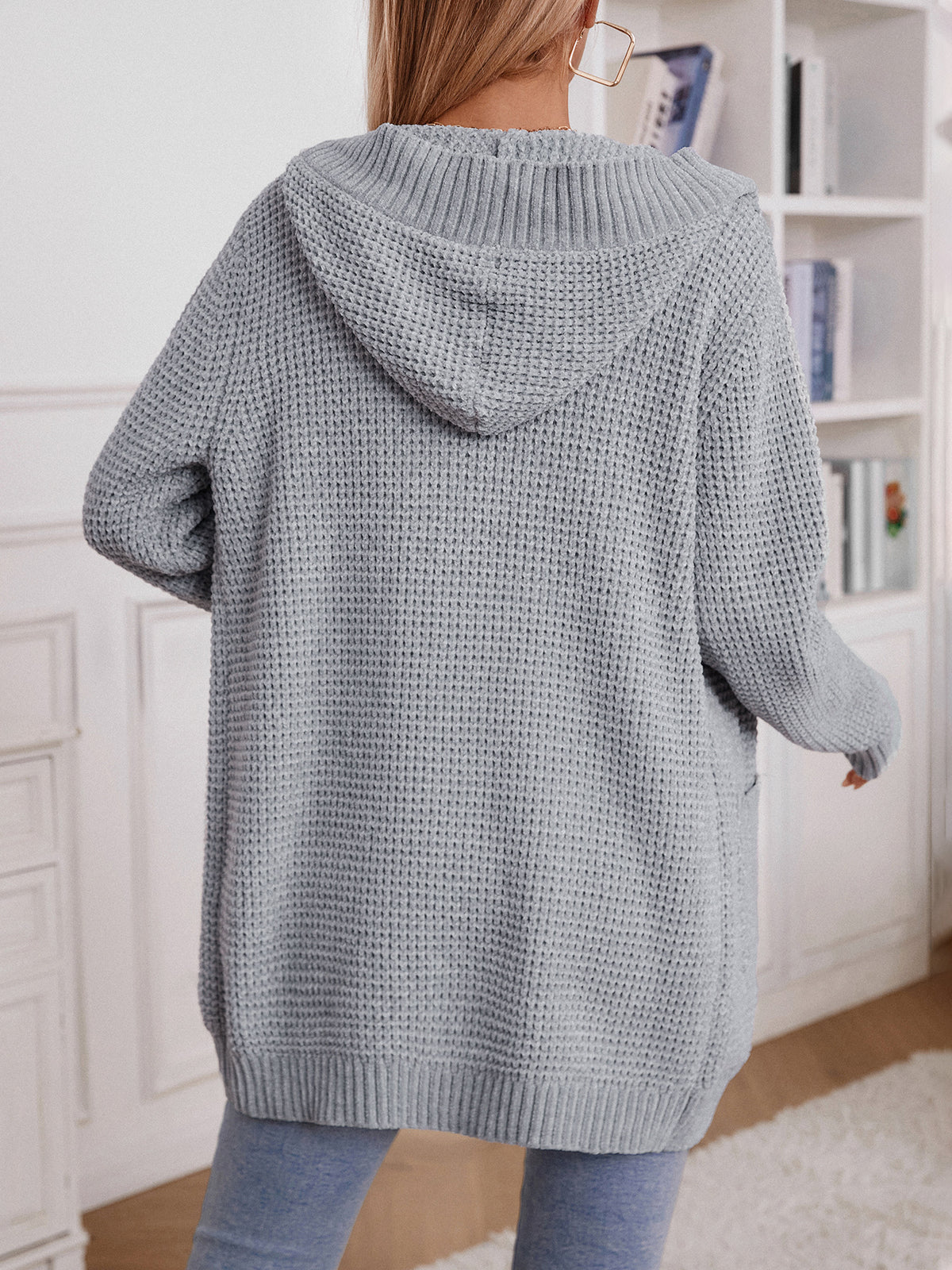 Hooded Waffle Knit Button Cardigan - Grey - 3