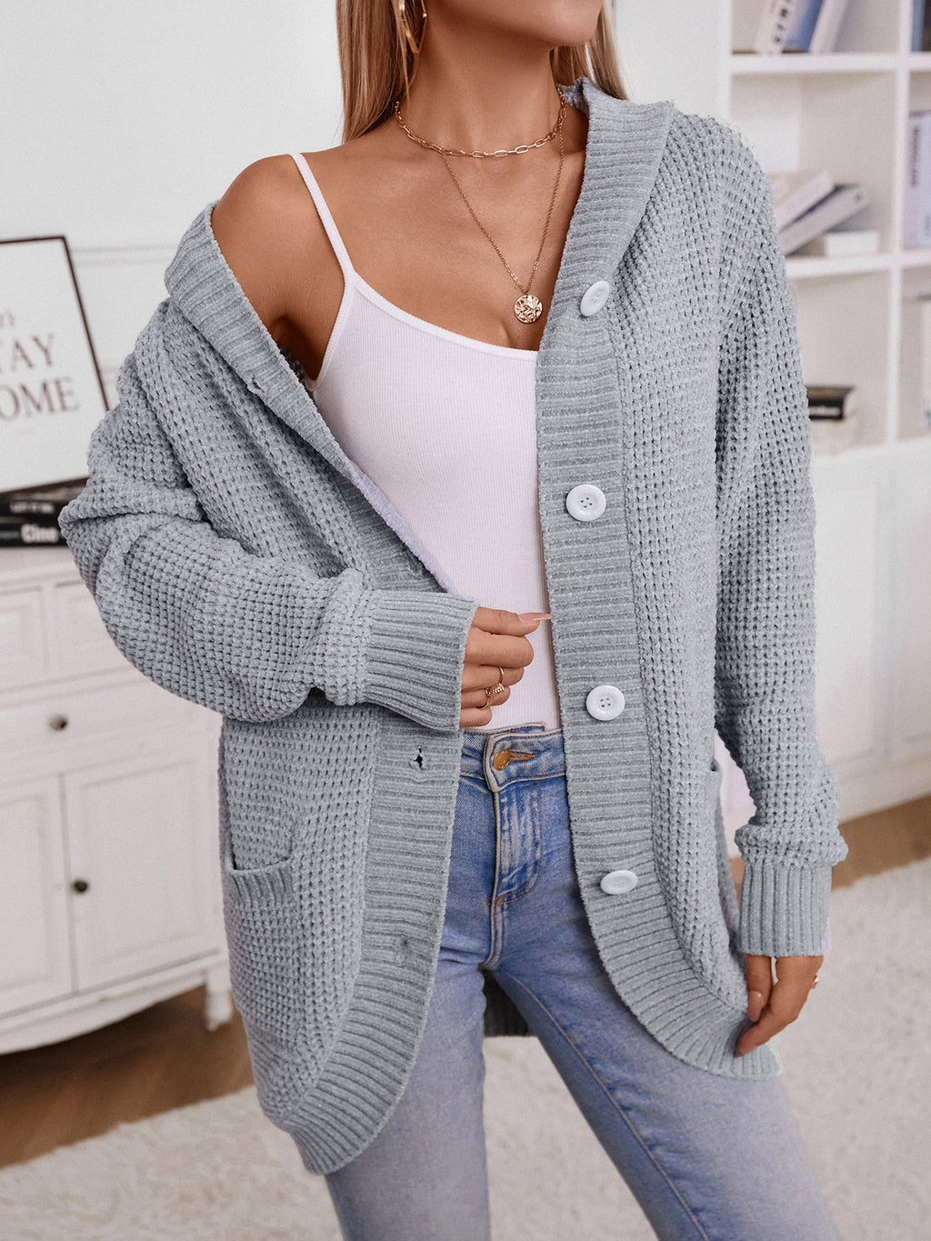 Hooded Waffle Knit Button Cardigan - Grey - 4