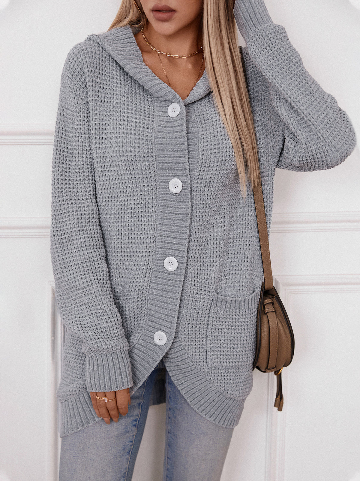 Hooded Waffle Knit Button Cardigan - Grey - 5