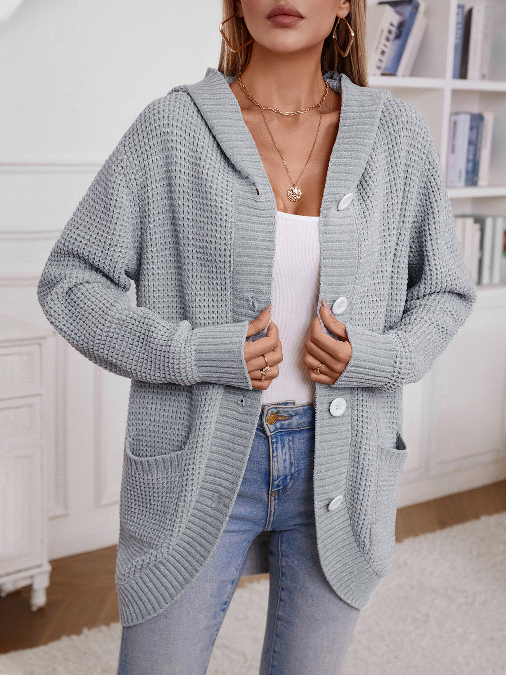 Hooded Waffle Knit Button Cardigan - Grey - 7