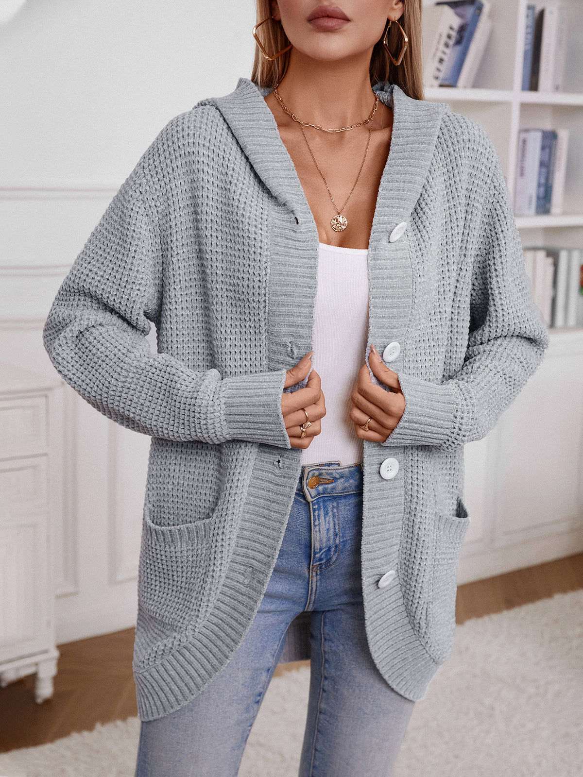 Hooded Waffle Knit Button Cardigan - Grey - 7