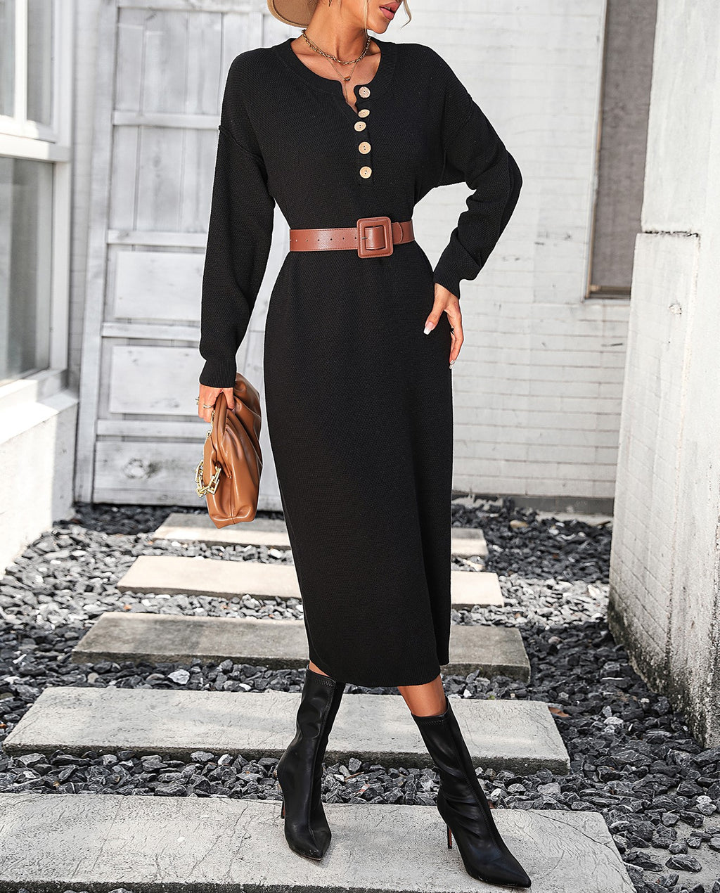 Henley Button Placket Knit Column Dress - Black - 2