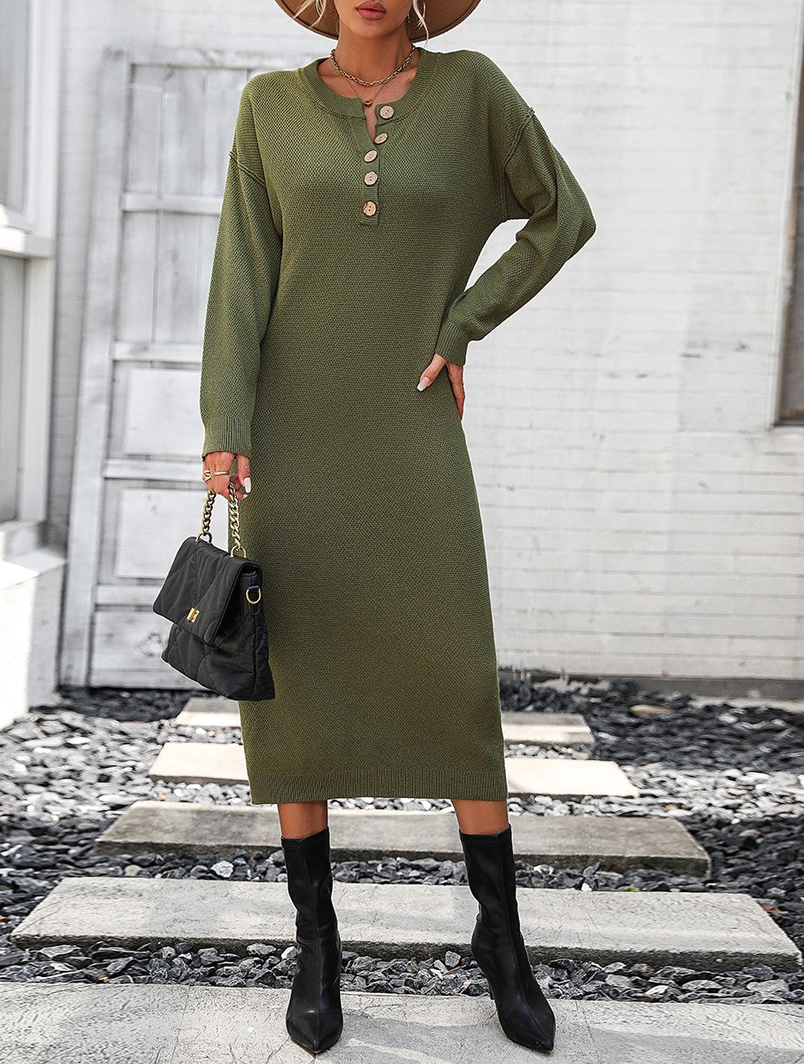 Henley Button Placket Knit Column Dress - Green - 1