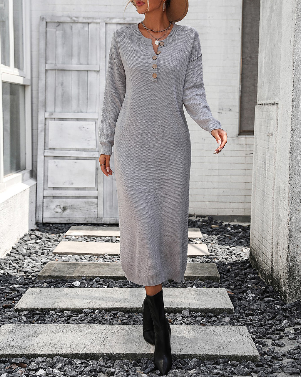 Henley Button Placket Knit Column Dress - Grey