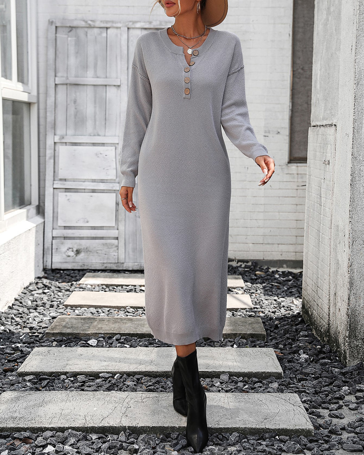 Henley Button Placket Knit Column Dress - Grey