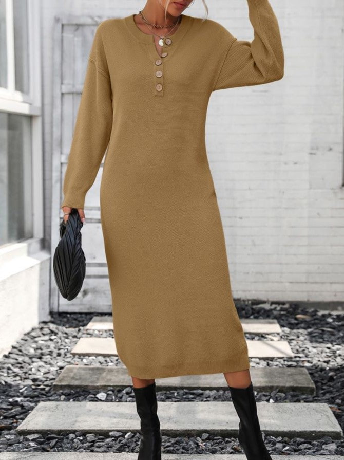 Henley Button Placket Knit Column Dress - Khaki