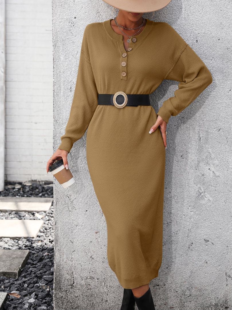 Henley Button Placket Knit Column Dress - Khaki - 2