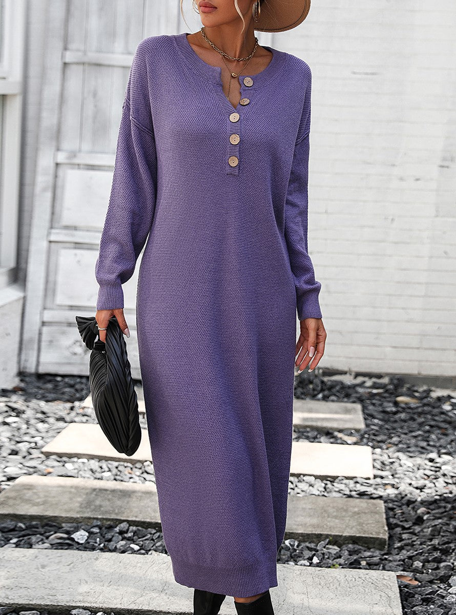 Henley Button Placket Knit Column Dress - Purple