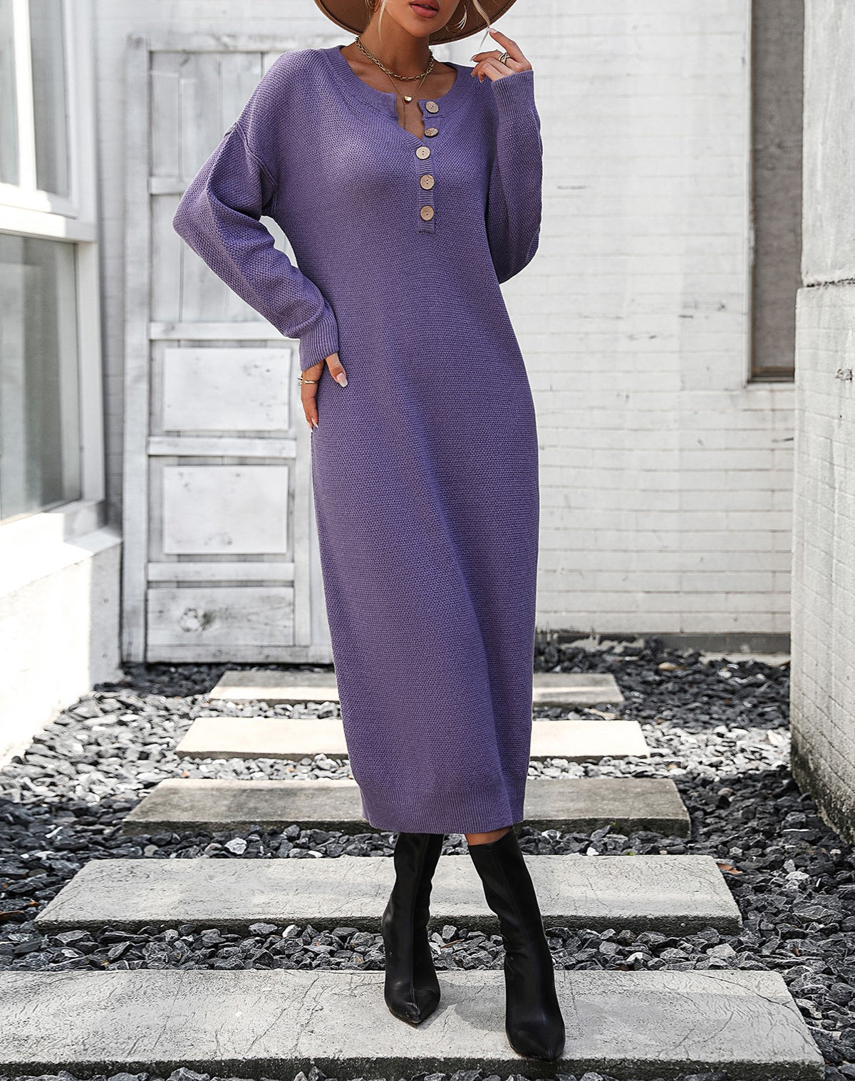 Henley Button Placket Knit Column Dress - Purple - 1