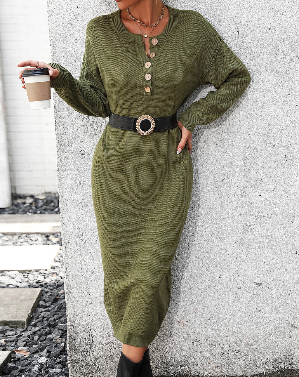Henley Button Placket Knit Column Dress