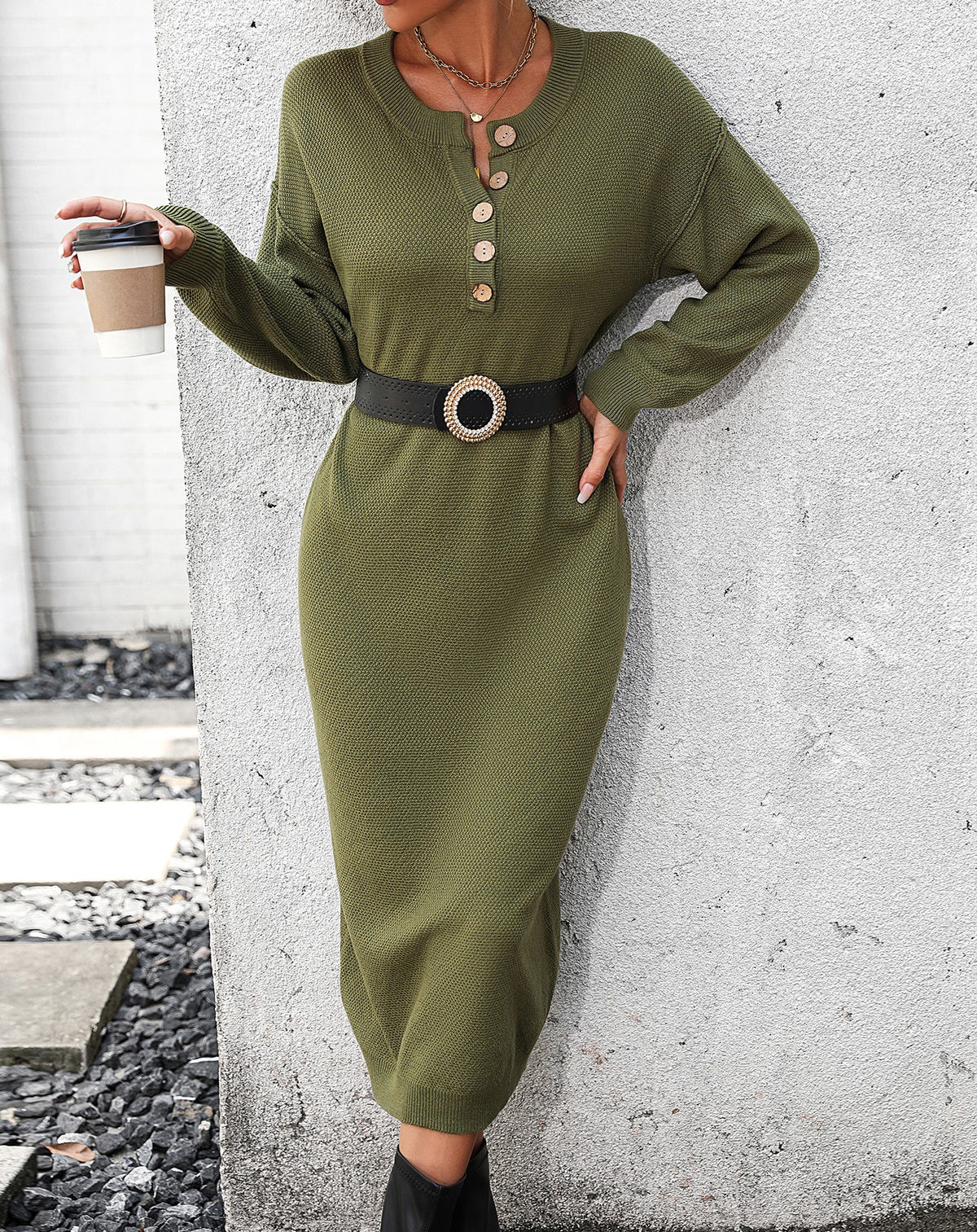 Henley Button Placket Knit Column Dress