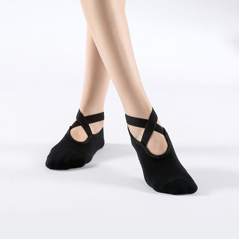Ballet Style Cross Strap Grip Socks - Black