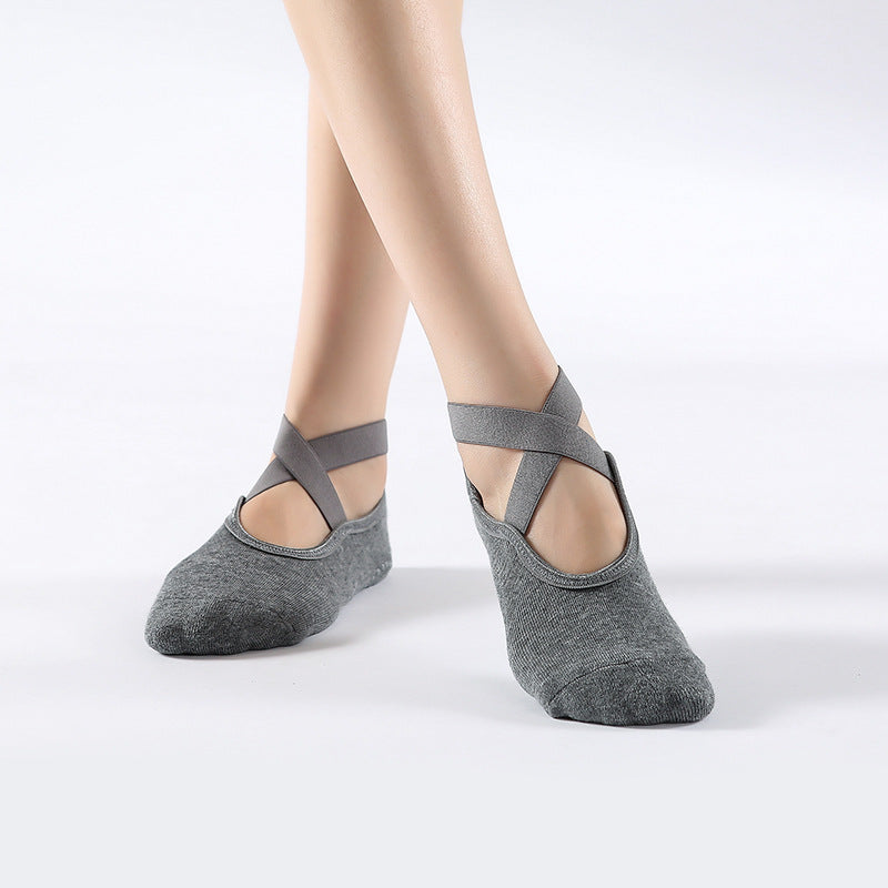 Ballet Style Cross Strap Grip Socks - DarkGrey - 1