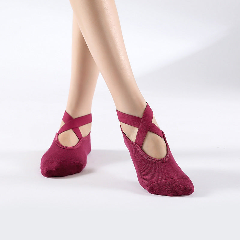 Ballet Style Cross Strap Grip Socks - WineRed