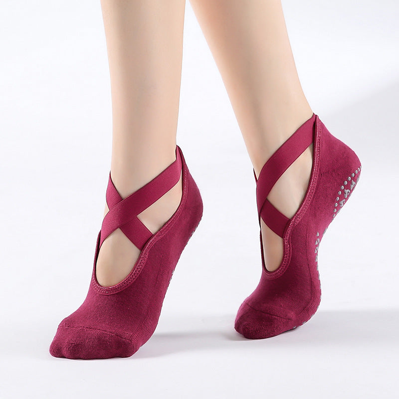 Ballet Style Cross Strap Grip Socks - WineRed - 1