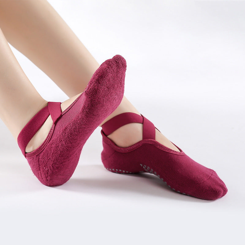 Ballet Style Cross Strap Grip Socks - WineRed - 2