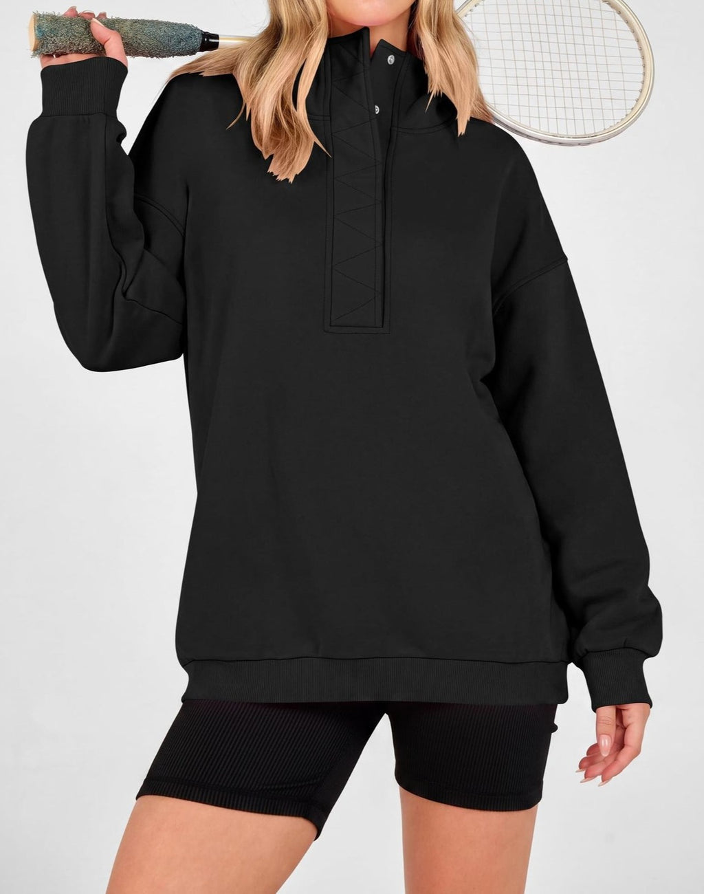 Button Placket Oversized Hooded Sweatshirt - Black