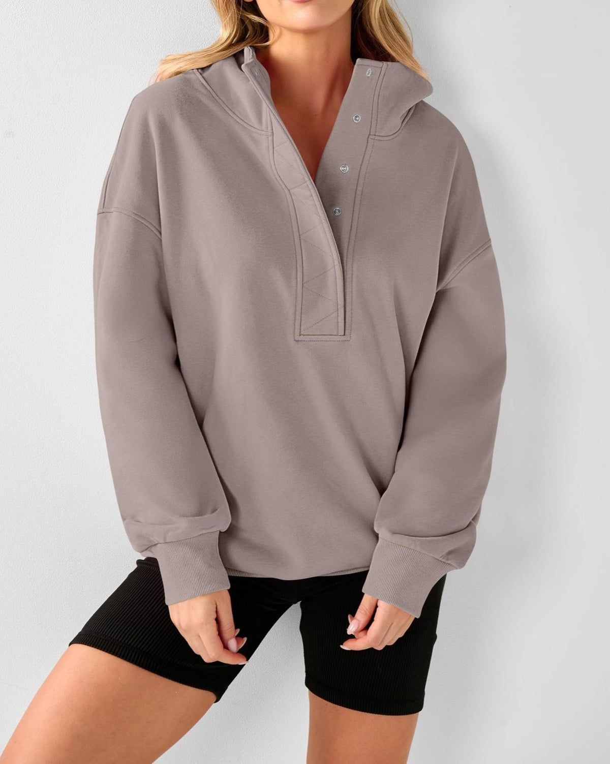 Button Placket Oversized Hooded Sweatshirt - Khaki