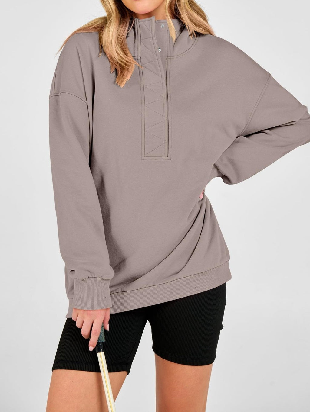 Button Placket Oversized Hooded Sweatshirt - Khaki - 1