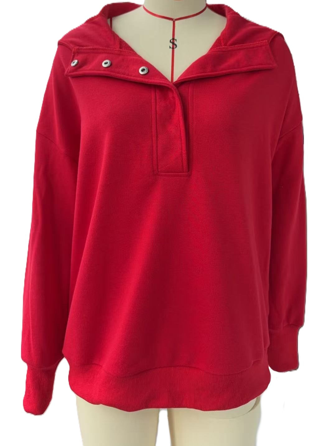 Button Placket Oversized Hooded Sweatshirt - Red