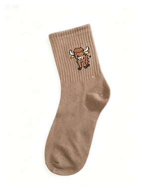 Embroidered Highland Cow Ribbed Crew Socks - Brown