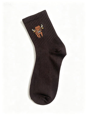Embroidered Highland Cow Ribbed Crew Socks - Coffee