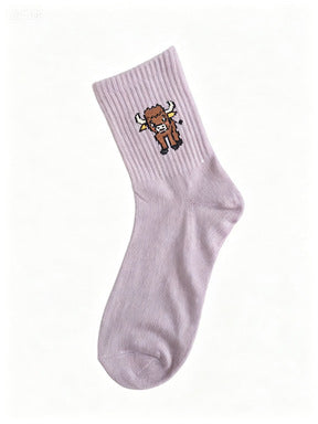 Embroidered Highland Cow Ribbed Crew Socks - Purple - 1