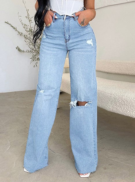 Distressed Knee Frayed Hem Wide Leg Jeans - Blue