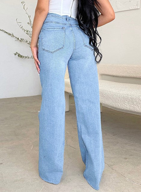 Distressed Knee Frayed Hem Wide Leg Jeans - Blue - 1