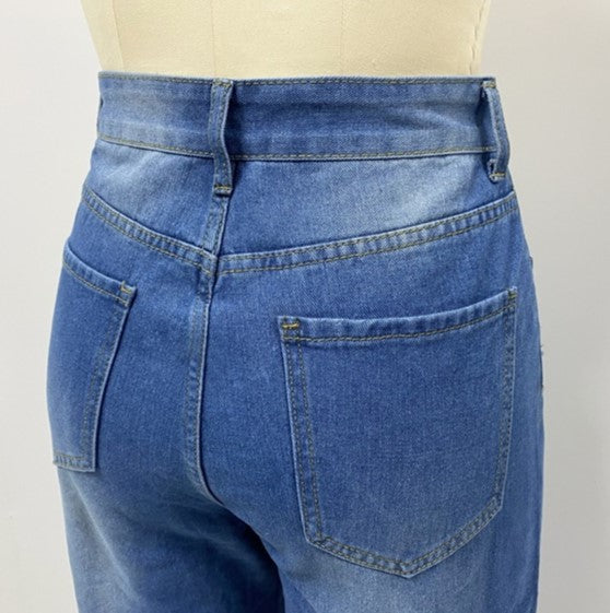 Distressed Knee Frayed Hem Wide Leg Jeans - DarkBlue - 1