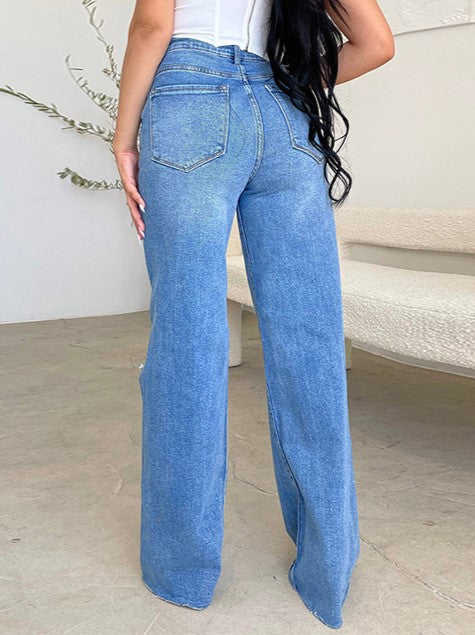 Distressed Knee Frayed Hem Wide Leg Jeans - DarkBlue - 2