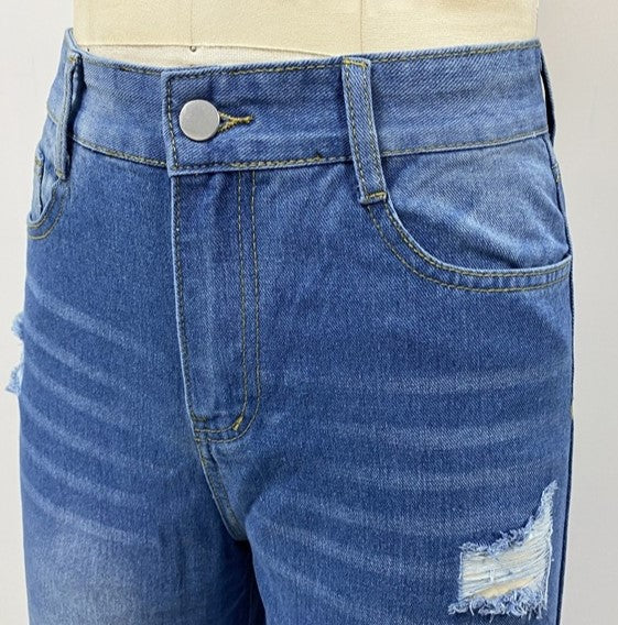Distressed Knee Frayed Hem Wide Leg Jeans - DarkBlue - 3