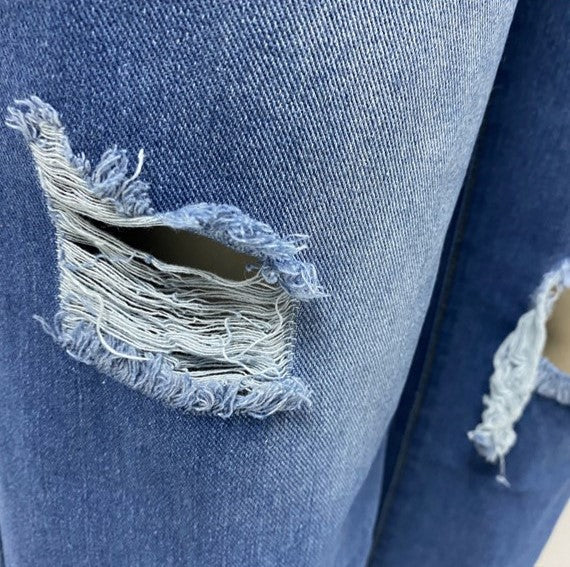 Distressed Knee Frayed Hem Wide Leg Jeans - DarkBlue - 4
