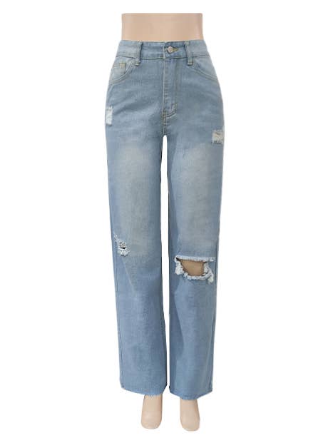 Distressed Knee Frayed Hem Wide Leg Jeans