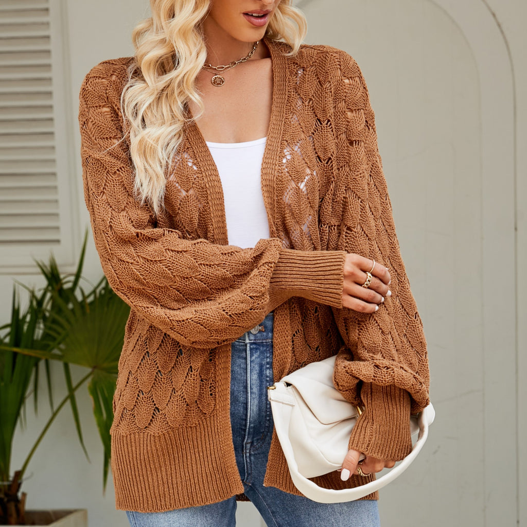 Open Front Pointelle Cardigan With Batwing Sleeves - Brown
