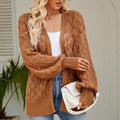 Open Front Pointelle Cardigan With Batwing Sleeves - Brown