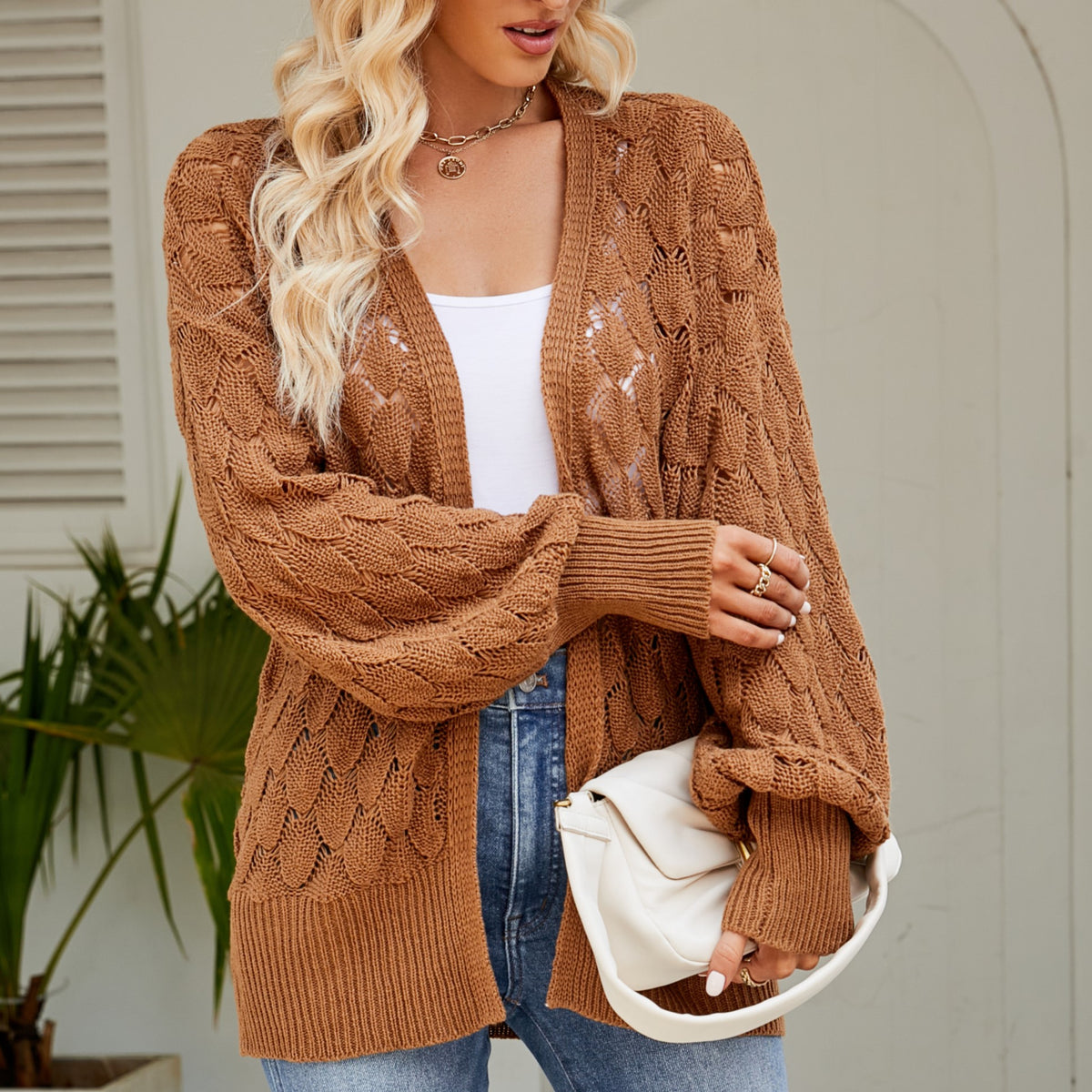 Open Front Pointelle Cardigan With Batwing Sleeves - Brown