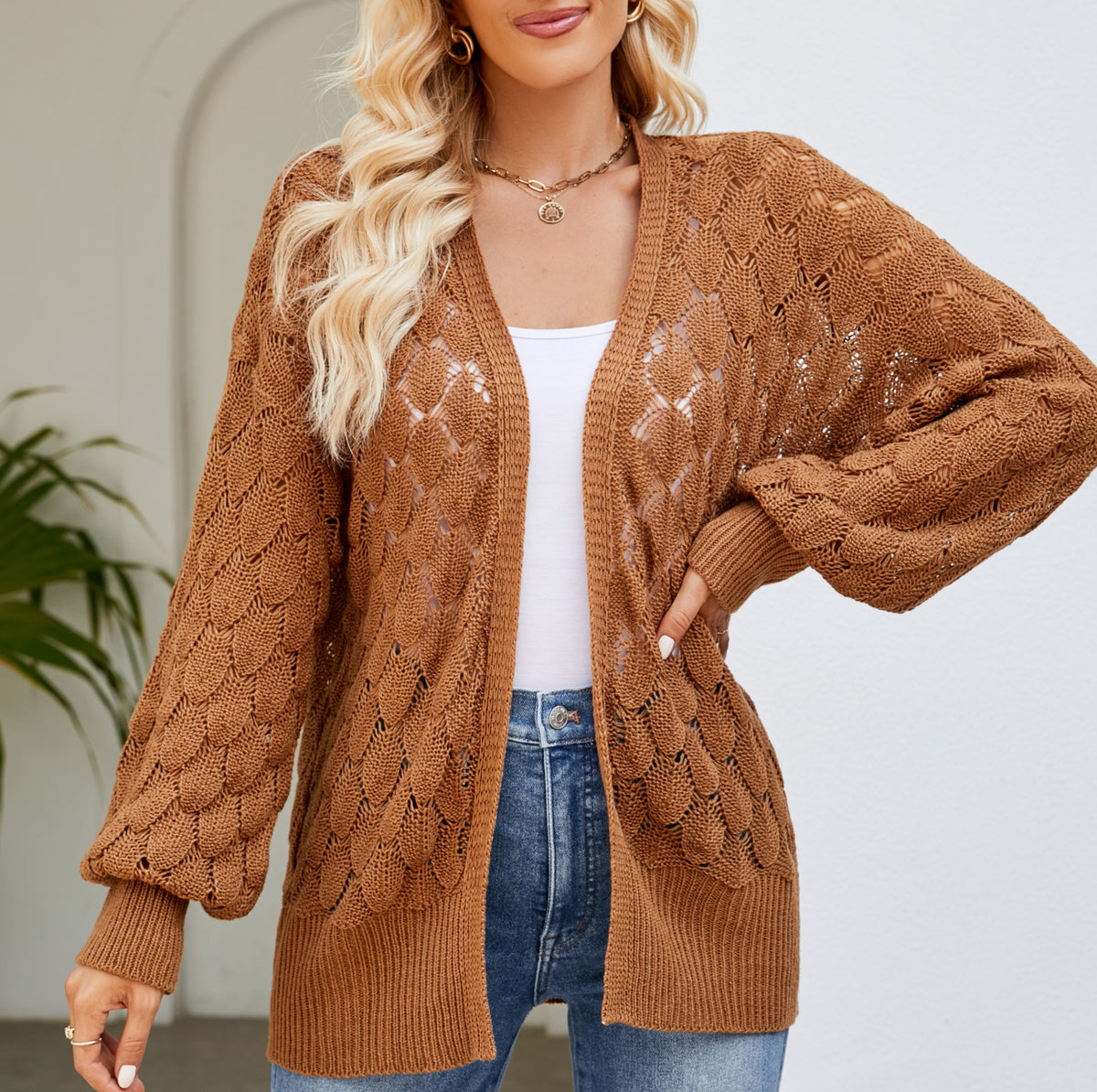 Open Front Pointelle Cardigan With Batwing Sleeves - Brown - 1