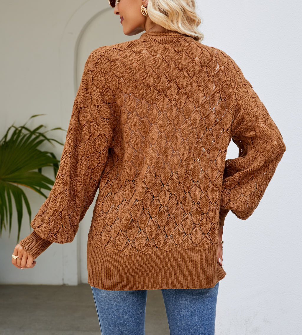Open Front Pointelle Cardigan With Batwing Sleeves - Brown - 2