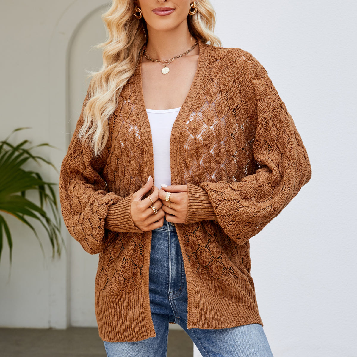Open Front Pointelle Cardigan With Batwing Sleeves - Brown - 3