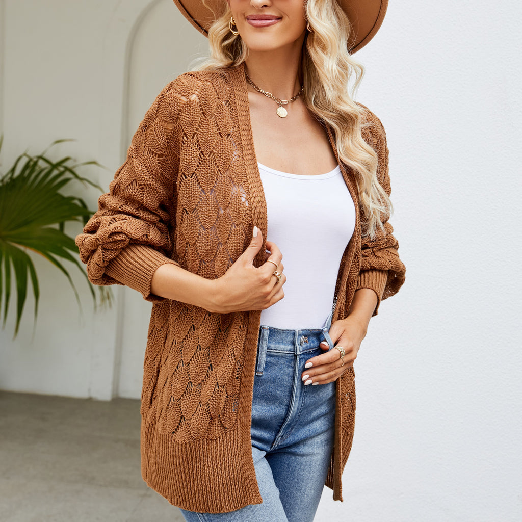Open Front Pointelle Cardigan With Batwing Sleeves - Brown - 5
