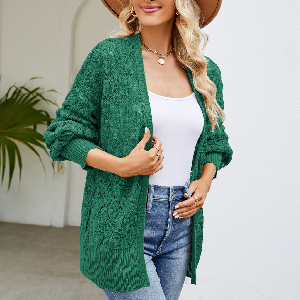 Open Front Pointelle Cardigan With Batwing Sleeves - Green