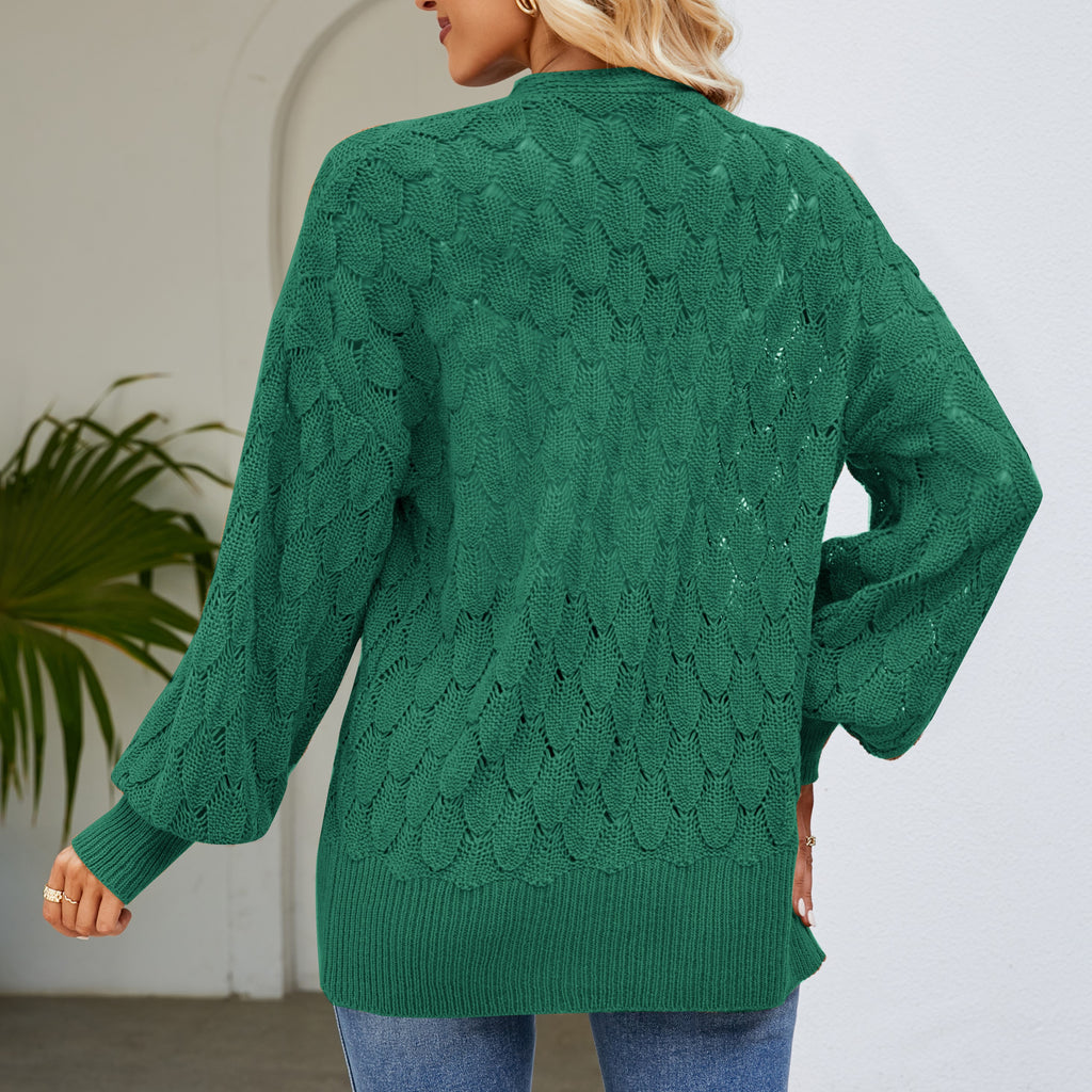 Open Front Pointelle Cardigan With Batwing Sleeves - Green - 1