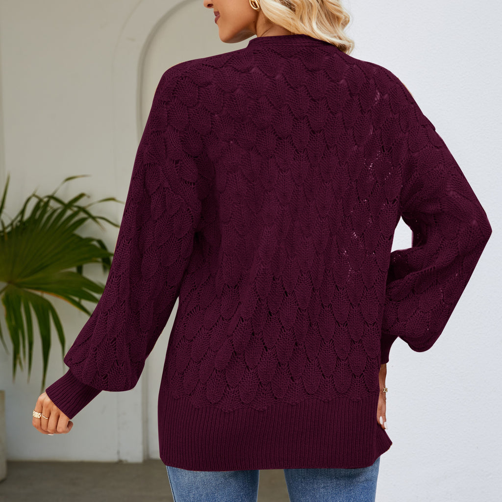 Open Front Pointelle Cardigan With Batwing Sleeves - Red - 1