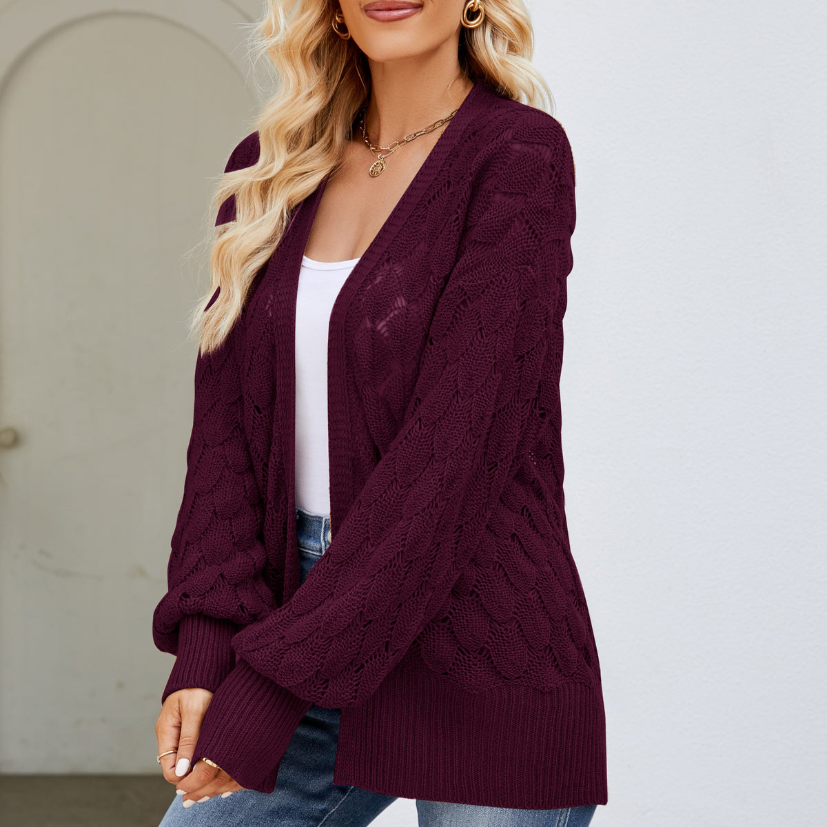 Open Front Pointelle Cardigan With Batwing Sleeves - Red - 2