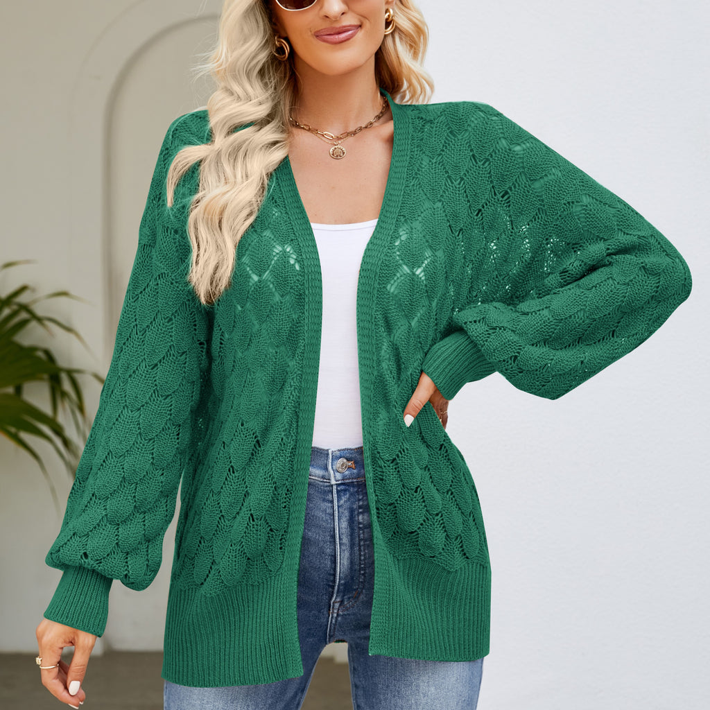 Open Front Pointelle Cardigan With Batwing Sleeves