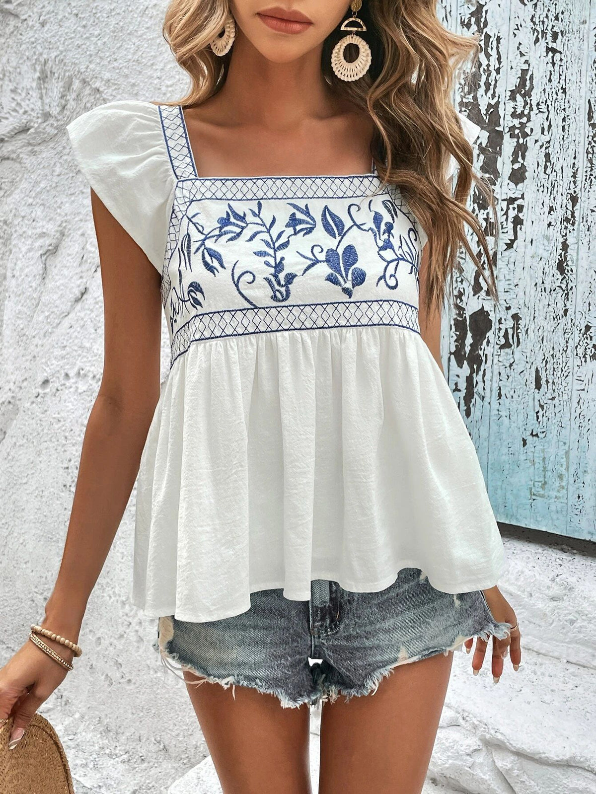 Embroidered Square Neck Flutter Sleeve Peplum Top - White - 3