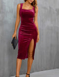Stretch Velvet Bodycon Midi Dress - Winered