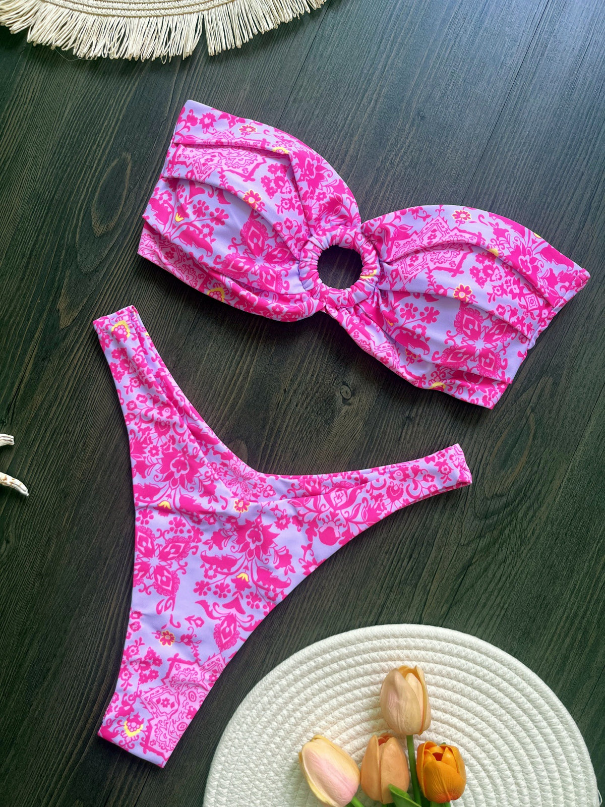 Watercolor Print Cutout Bandeau Swim Set - Rose