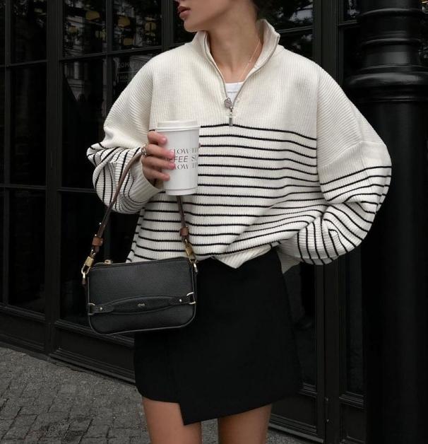 Striped Half Zip Oversized Knit Pullover - White